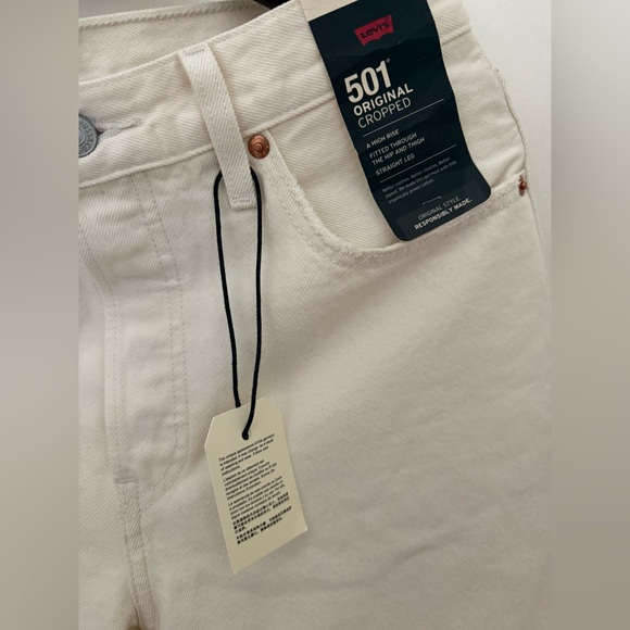 Levis 501 Cropped Jeans High Rise Straight Leg Distressed Ecru-White Woman’s. - Picture 3 of 5